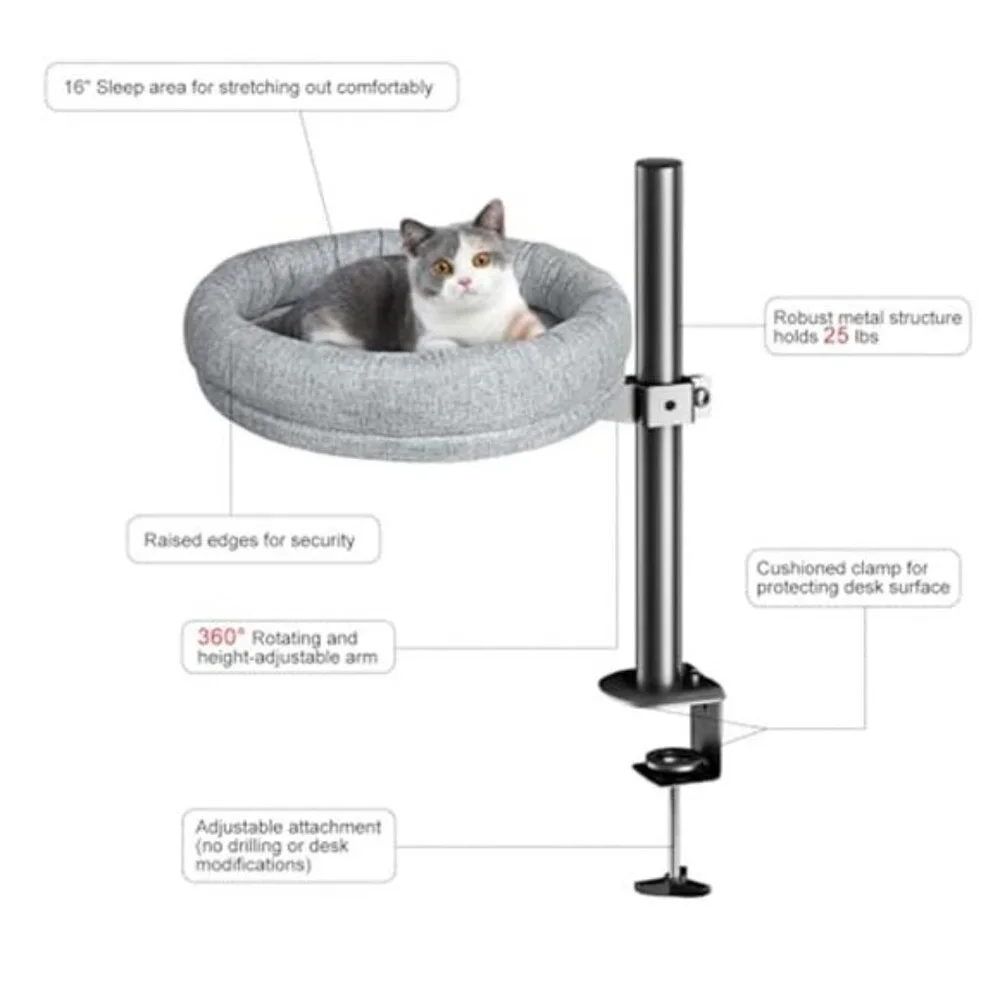 Cat Desk Bed Elevated Adjustable Height Rotating Indoor Cat Lounge Grey Up to 40
